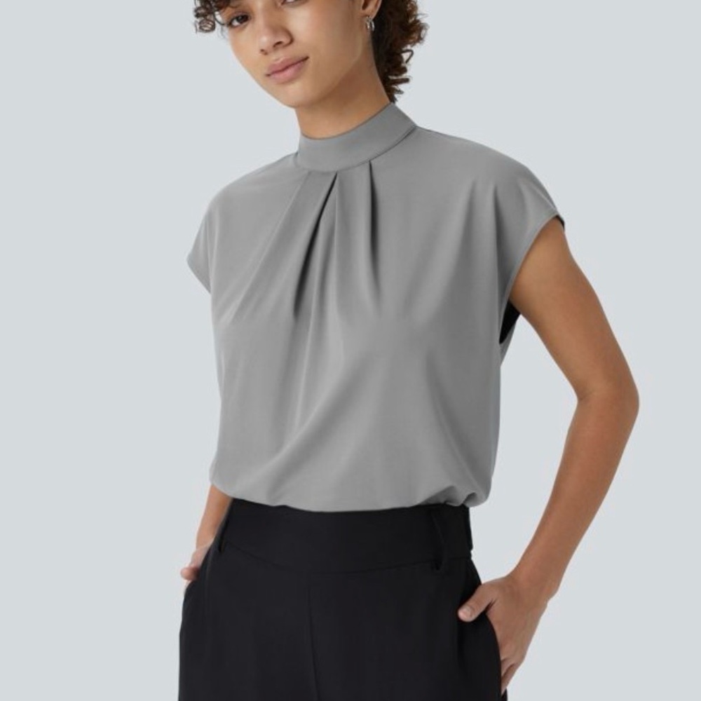 HALARA Women’s Stand Collar Back Cap Sleeve Work Blouse Gray XL - Picture 2 of 13